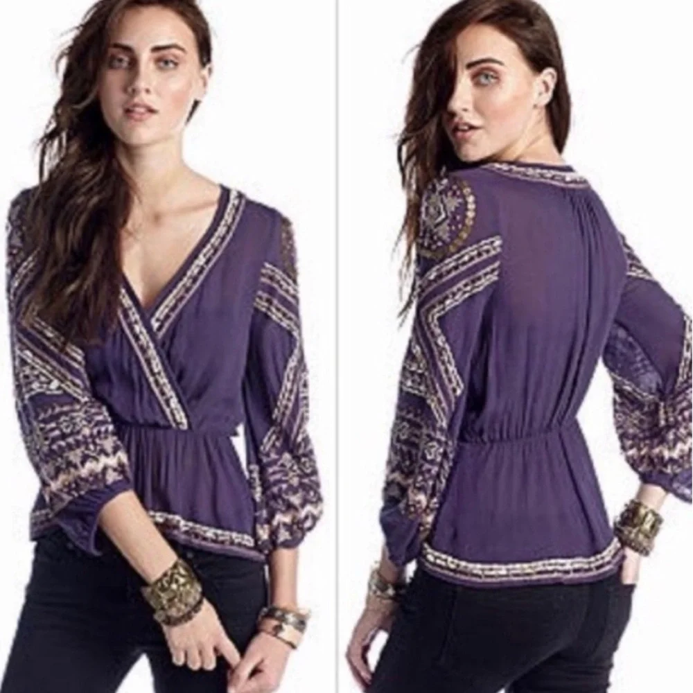Free People Stitch Up Your Heart Purple Beaded Embroidered Blouse | Size Medium